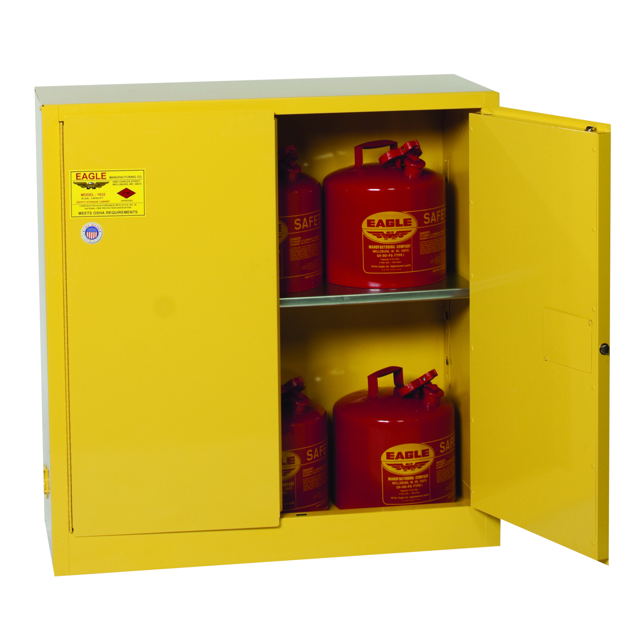 Eagle Flammable Liquids Cabinet — 30-Gallon, 1 Shelf, 2 Self-Closing Doors, 18-Ga. Steel, Yellow, Model# 3010X